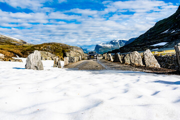 Wall Mural - Tourist route with landscape with snow in Norway