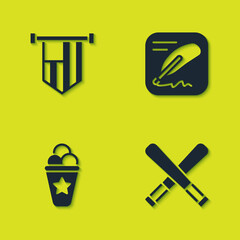 Sticker - Set American flag, Crossed baseball bat, Ice cream in waffle cone and Declaration of independence icon. Vector