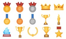 Trophies And Medals. Award Prize Flat Icon, Olympic Gold, Silver And Bronze Medal With Ribbon. Winner Cup, Glass Reward And Crown Vector Set