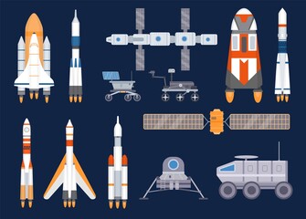 Wall Mural - spacecraft technology. satellites, rockets, space station, ships, shuttles, moon and mars rovers. un