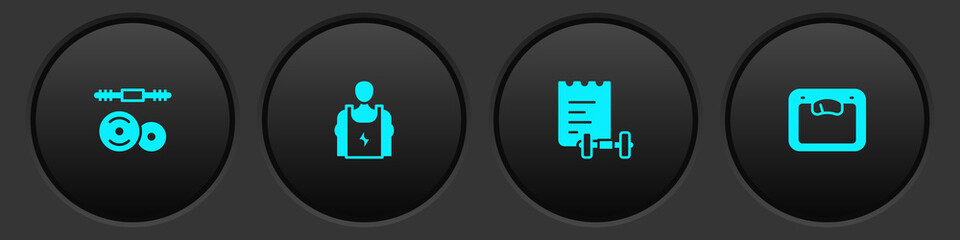 Set Barbell, Bodybuilder, Sport training program and Bathroom scales icon. Vector