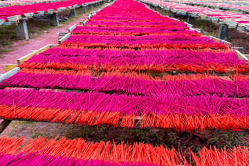 Wall Mural - China Fujian Province Dapu Yongchun. Incense sticks are spread on racks to dry at the incense factory.