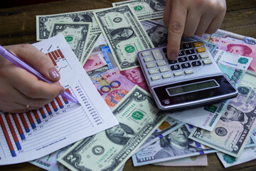 There is money, a calculator, and financial graphics on the table. Calculation of profit or financial expenses