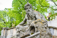 Kuks, Czech Republic - May 15, 2021. Steps With Water Cascade And Statue Of Triton - Greek God Of The Sea - On Both Side Of Stairs
