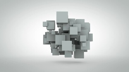 Abstract 3d loop animation of a set of cubes and spheres in space flying apart from the explosion and gathering, turning into spheres. A cloud of balloons.