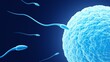 Fertilization. Egg and sperm. Dark blue background.  Spermatozoon and ovum. 3d illustration.
