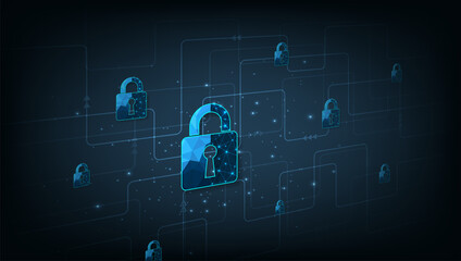 Fototapete -  Data security design.Visualization of cyber security With Padlock  lock on dark blue background.Cyber security and Information prevent concept.Vector illustration.
