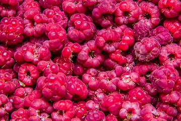 Top view of raspberries as textured background. Ripe red raspberries.