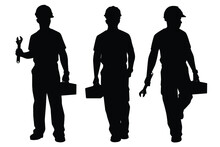 Set Of Worker With Tools Box Silhouette Vector On White Background