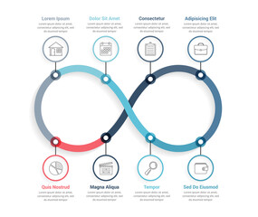 Process diagram with eight steps, infinity shape, workflow, steps, options