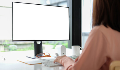 Rear view of businesswoman working with computer in modern office.