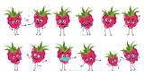 Fototapeta  - Set of cute raspberry characters with emotions, face, arms and legs. Smile or sad sweet berries with eyes, heroes fall in love, keep their distance, dance or cry