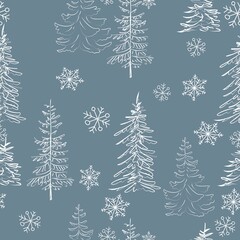 Elegant outline drawing of pine tree seamless pattern. Vector illustration.