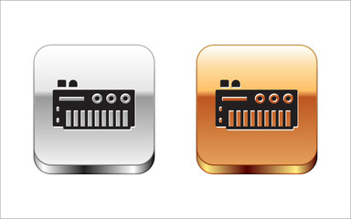 Sticker - Black Music synthesizer icon isolated on white background. Electronic piano. Silver and gold square buttons. Vector