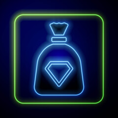 Poster - Glowing neon Bag with gems icon isolated on blue background. Vector