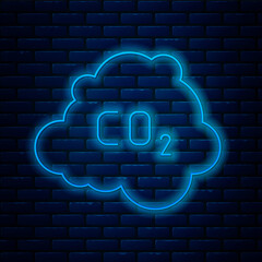 Sticker - Glowing neon line CO2 emissions in cloud icon isolated on brick wall background. Carbon dioxide formula, smog pollution concept, environment concept. Vector