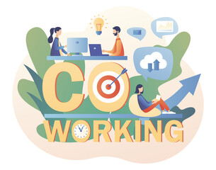 Wall Mural - Co-working space. Tiny people working on laptops, computers, smartphones on shared modern office workplace. Shared working environment. Modern flat cartoon style. Vector illustration