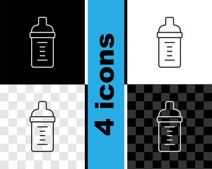 Sticker - Set line Baby milk in a bottle icon isolated on black and white, transparent background. Feeding bottle icon. Vector