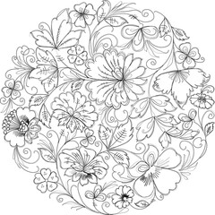  Decorative floral round design element from outlines various fantasy flowers
