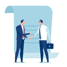 Agreement. Business People Shaking Hands In Front Of A Contract. Concept Vector Illustration