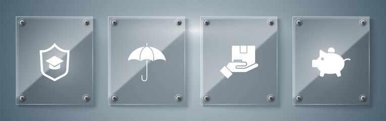 Sticker - Set Piggy bank, Delivery insurance, Umbrella and Graduation cap with shield. Square glass panels. Vector