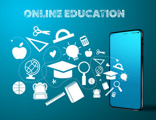 Online education vector banner design. Online education text with mobile phone device and educational doodle art elements for e-learning study creative design. Vector illustration
