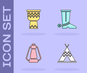 Poster - Set Indian teepee or wigwam, Drum, Camping lantern and Cowboy boot icon. Vector