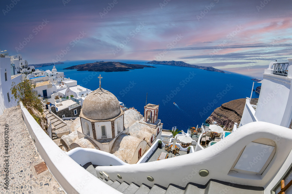 Architecture with domes, churches and hotels of Fira, Santorini island, Greece - obrazy, fototapety, plakaty 