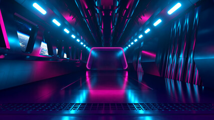 Wall Mural - Sci-fi tunnel in outer space with neon light. Planet Earth outside the window of the spaceship. Space technology concept. 3d illustration