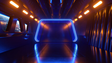 Wall Mural - Sci-fi tunnel in outer space with neon light. Planet Earth outside the window of the spaceship. Space technology concept. 3d illustration