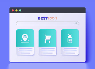 Poster - Set Shopping cart, Location Market store and Bottle with milk icon. Vector