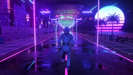 astronaut running in neon city in cyberpunk style. retro wave 80s background. retro style. futuristi