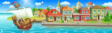 An Old Port Town With Colorful Houses And A Stone Pier. A Sailing Wooden Ship Stands In The Harbor Bay.
