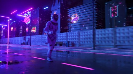 astronaut running in neon city in cyberpunk style. retro wave 80s background. retro style. futuristi