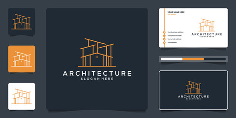 Wall Mural - Real estate line logo and business card template. Building architecture with structure sketch.