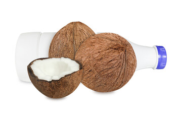 Bottle of milk, coconuts isolated on white background