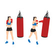 Woman doing Boxing with a punching bag exercise. Flat vector illustration isolated on white background