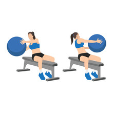 Woman Doing Bench Swiss. Exercise Ball Russian Twists Exercise. Flat Vector Illustration Isolated On White Background