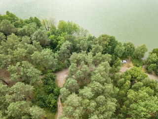 Poster - Forest lake in summer. Aerial drone view.