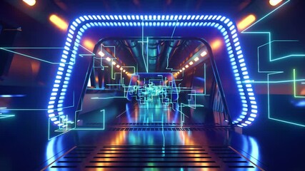 Wall Mural - Sci-fi tunnel in outer space with neon light. Planet Earth outside the window of the spaceship. Network connections and data flow. Space technology concept.