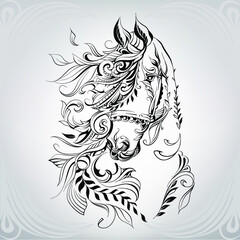 Wall Mural - Horse head in floral ornament