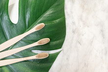 Bamboo Toothbrush On A Table With Copy Space On A Marble Background. Styled Composition Of Flat Lay With Monstera Leaves .