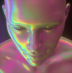 Aufkleber - Conceptual 3D illustration of artificial intelligence. Robot head made of holographic chromium material with rainbow iridescent stains.