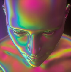 Aufkleber - Conceptual 3D illustration of artificial intelligence. Robot head made of holographic chromium material with rainbow iridescent stains.