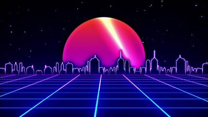 Wall Mural - Retro futuristic sci-fi night city seamless loop. 80s VJ synthwave motion background with neon lights, sun and stars. Stylized 4K vintage steamwave style 3D animation for video games and music videos