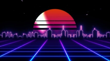 Wall Mural - Retro futuristic sci-fi night city seamless loop. 80s VJ synthwave motion background with neon lights, sun and stars. Stylized 4K vintage steamwave style 3D animation for video games and music videos