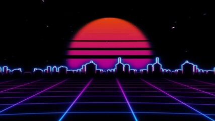 Wall Mural - Retro futuristic sci-fi night city seamless loop. 80s VJ synthwave motion background with neon lights, sun and stars. Stylized 4K vintage steamwave style 3D animation for video games and music videos