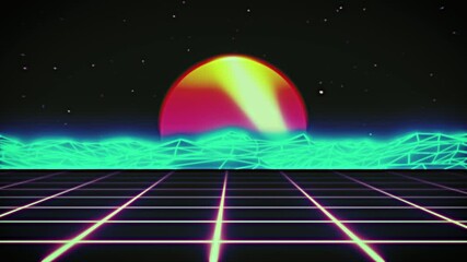 Wall Mural - Retro futuristic sci-fi night city seamless loop. 80s VJ synthwave motion background with neon lights, sun and stars. Stylized 4K vintage steamwave style 3D animation for video games and music videos