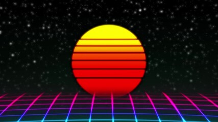 Wall Mural - Retro futuristic sci-fi night city seamless loop. 80s VJ synthwave motion background with neon lights, sun and stars. Stylized 4K vintage steamwave style 3D animation for video games and music videos