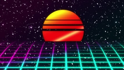Wall Mural - Retro futuristic sci-fi night city seamless loop. 80s VJ synthwave motion background with neon lights, sun and stars. Stylized 4K vintage steamwave style 3D animation for video games and music videos